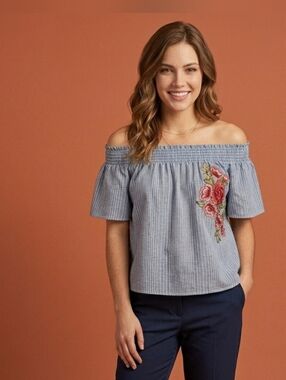 Lette Off Shoulder Top Blue White Stripe Shirt Rose Floral Blouse Size M Medium